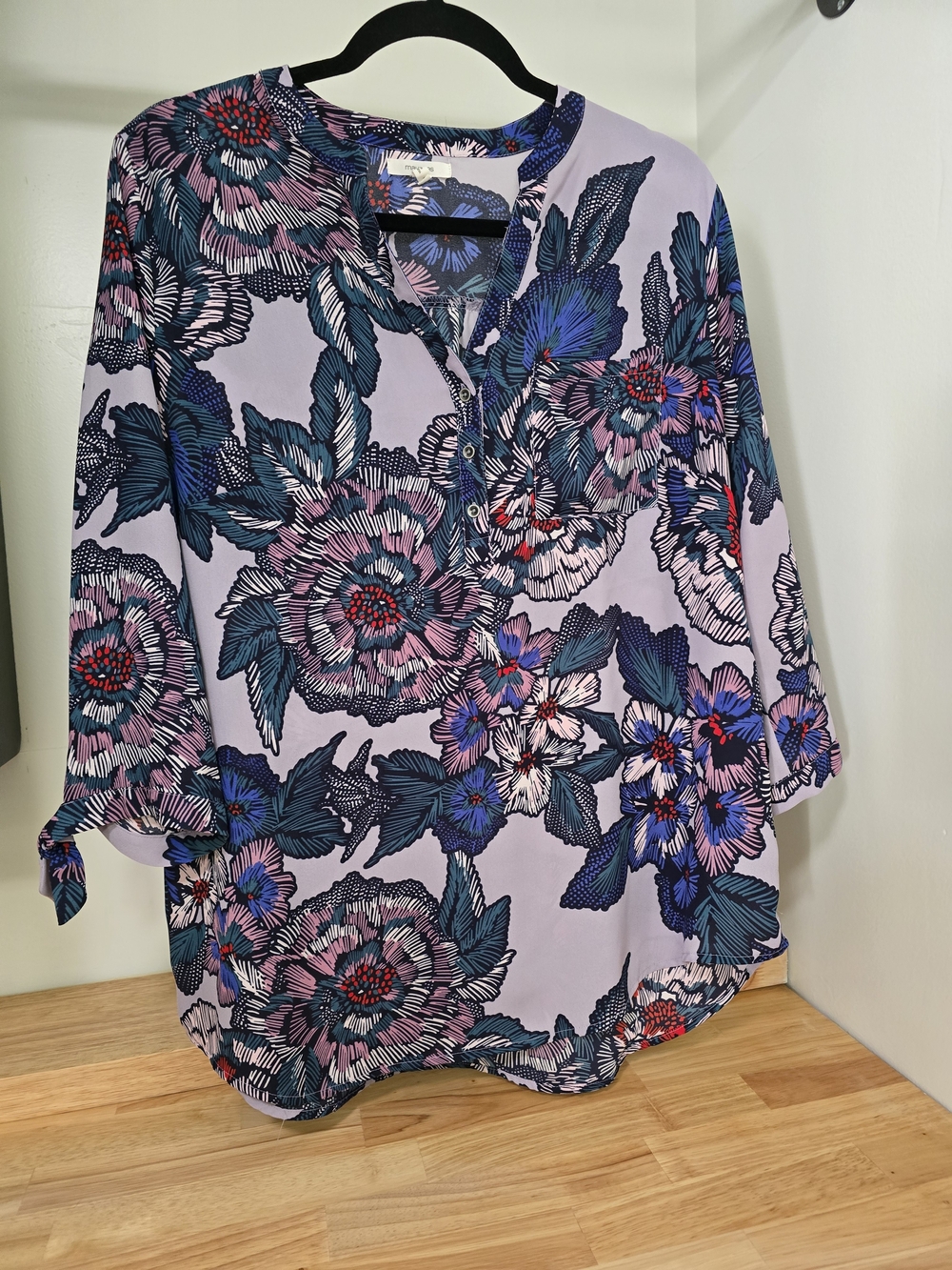 Maurices Lavender Floral Henley Tunic with Navy and Pink Accents